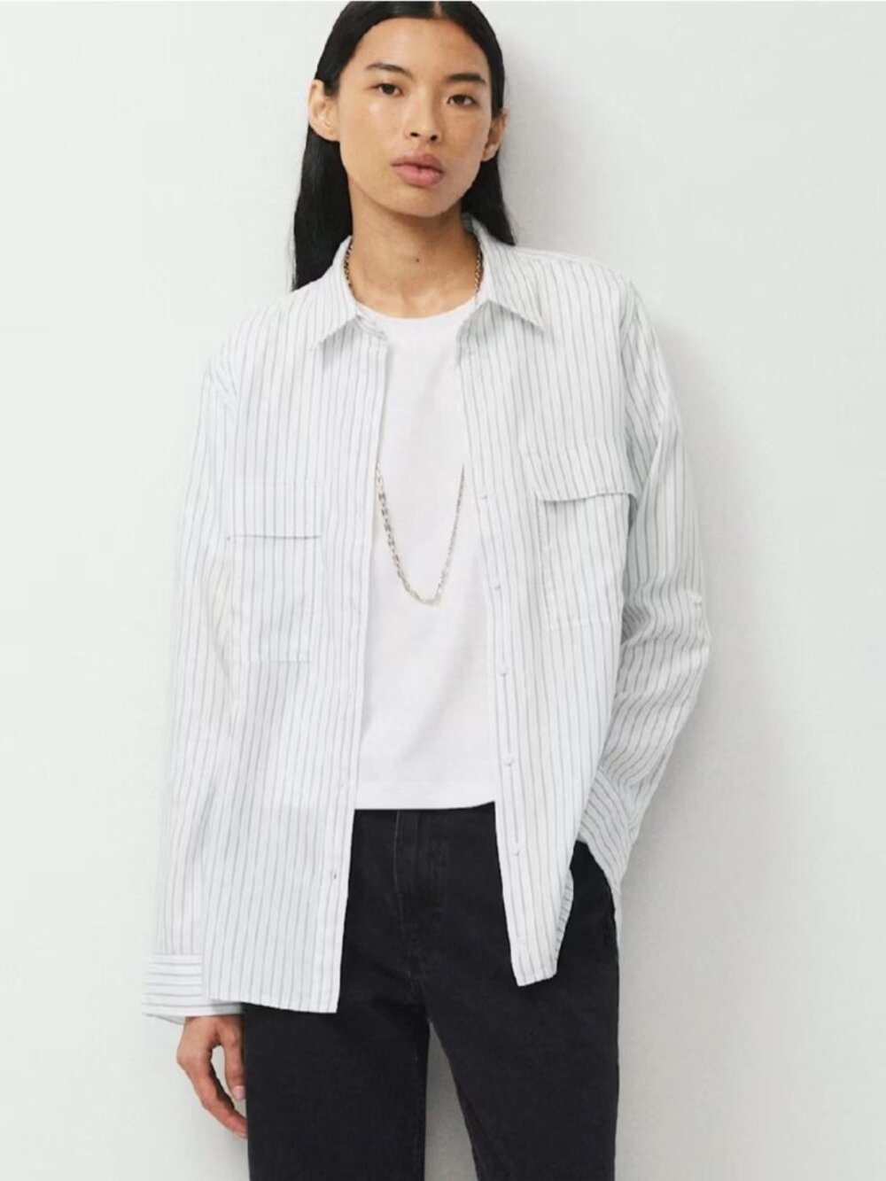 Aritzia Babaton Utility Shirt Woman Large White Pinstripe Oversized Boxy Tencel